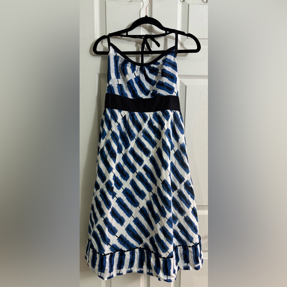 Maeve Blue White Printed Full Cotton Natural Fiber Midi Dress Black Waistband